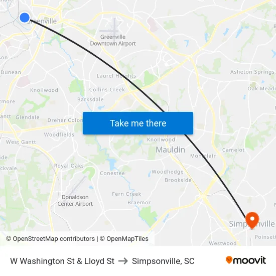 W Washington St & Lloyd St to Simpsonville, SC map