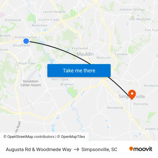 Augusta Rd & Woodmede Way to Simpsonville, SC map
