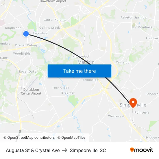 Augusta St & Crystal Ave to Simpsonville, SC map