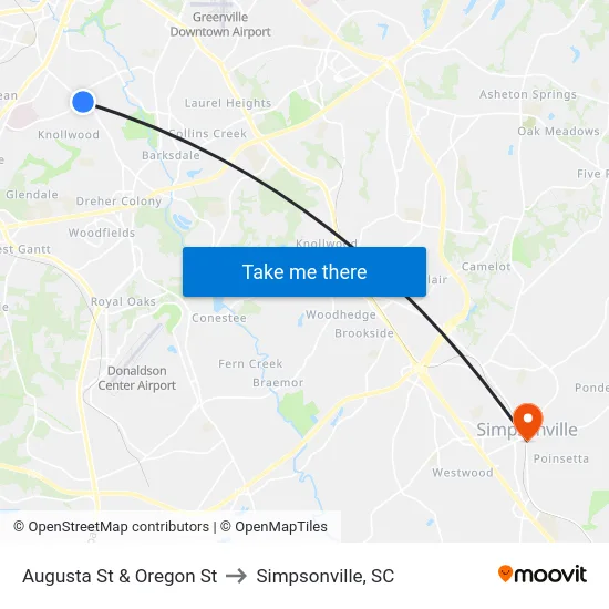 Augusta St & Oregon St to Simpsonville, SC map