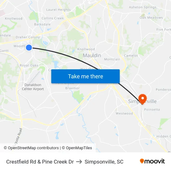Crestfield Rd & Pine Creek Dr to Simpsonville, SC map