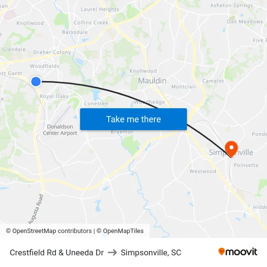 Crestfield Rd & Uneeda Dr to Simpsonville, SC map