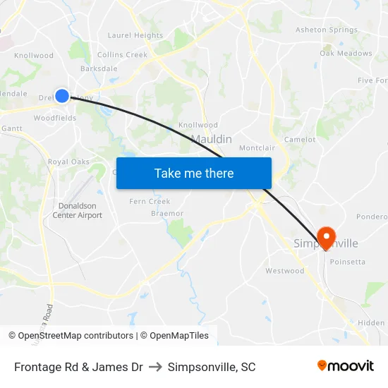 Frontage Rd & James Dr to Simpsonville, SC map