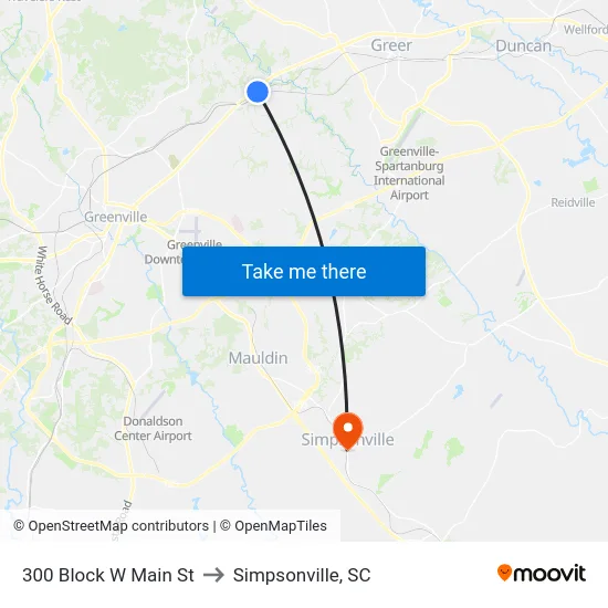 300 Block W Main St to Simpsonville, SC map