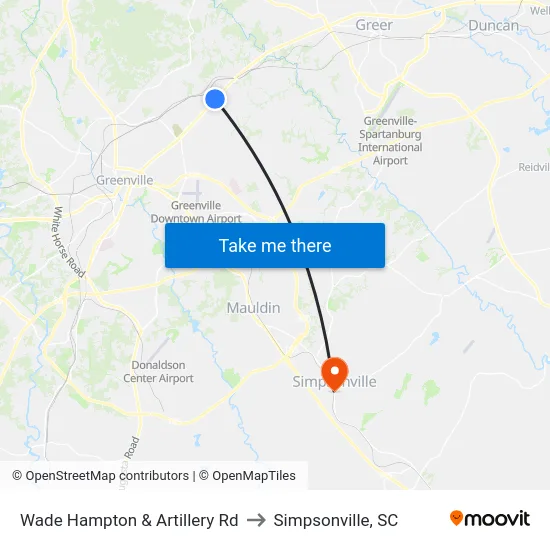 Wade Hampton & Artillery Rd to Simpsonville, SC map