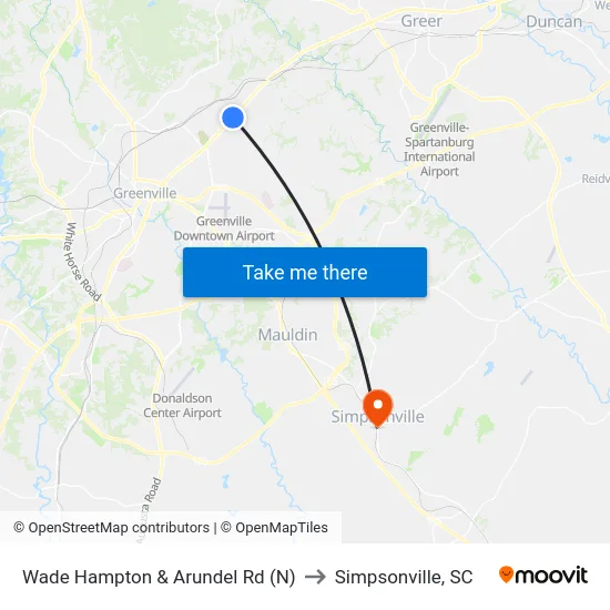Wade Hampton & Arundel Rd (N) to Simpsonville, SC map
