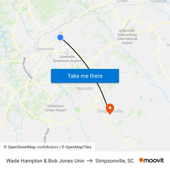 Wade Hampton & Bob Jones Univ to Simpsonville, SC map