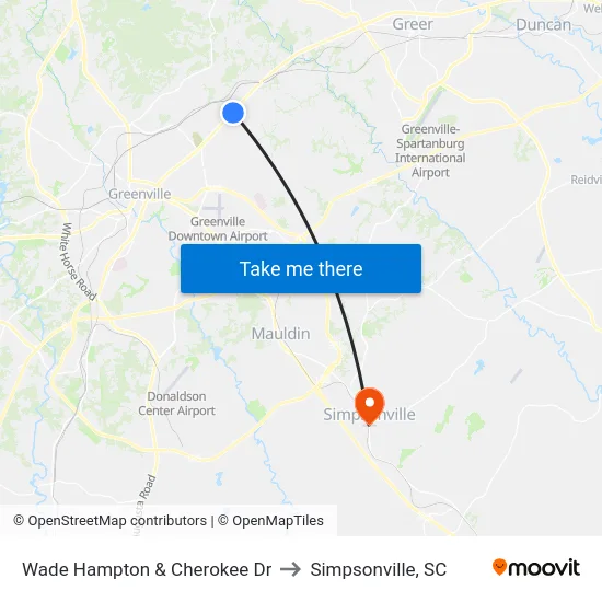 Wade Hampton & Cherokee Dr to Simpsonville, SC map