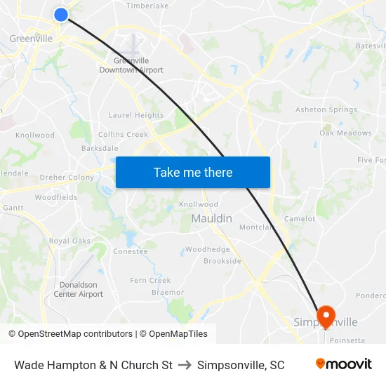 Wade Hampton & N Church St to Simpsonville, SC map
