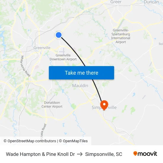 Wade Hampton & Pine Knoll Dr to Simpsonville, SC map