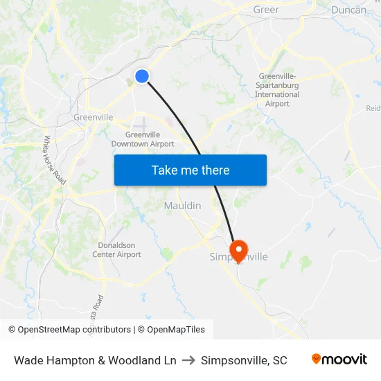 Wade Hampton & Woodland Ln to Simpsonville, SC map
