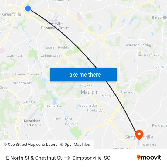 E North St & Chestnut St to Simpsonville, SC map