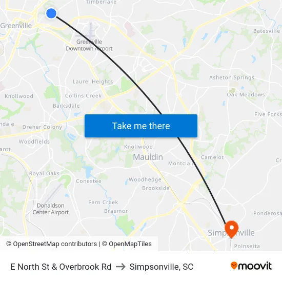 E North St & Overbrook Rd to Simpsonville, SC map