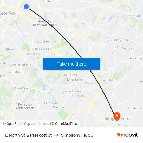 E North St & Prescott St to Simpsonville, SC map
