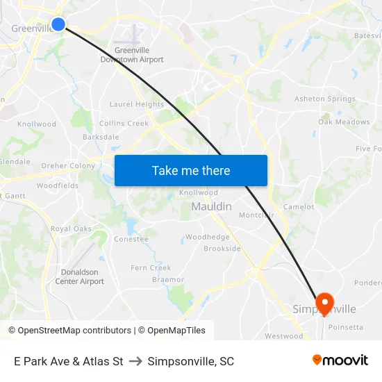 E Park Ave & Atlas St to Simpsonville, SC map