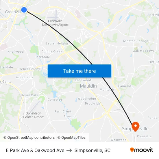E Park Ave & Oakwood Ave to Simpsonville, SC map