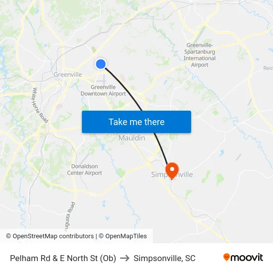 Pelham Rd & E North St (Ob) to Simpsonville, SC map