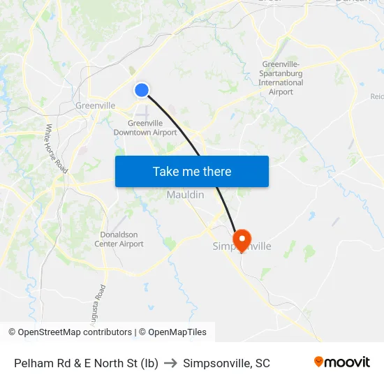 Pelham Rd & E North St (Ib) to Simpsonville, SC map