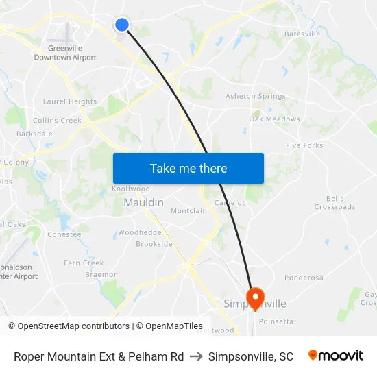 Roper Mountain Ext & Pelham Rd to Simpsonville, SC map