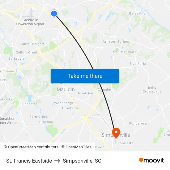 St. Francis Eastside to Simpsonville, SC map