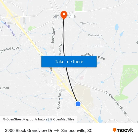 3900 Block Grandview Dr to Simpsonville, SC map