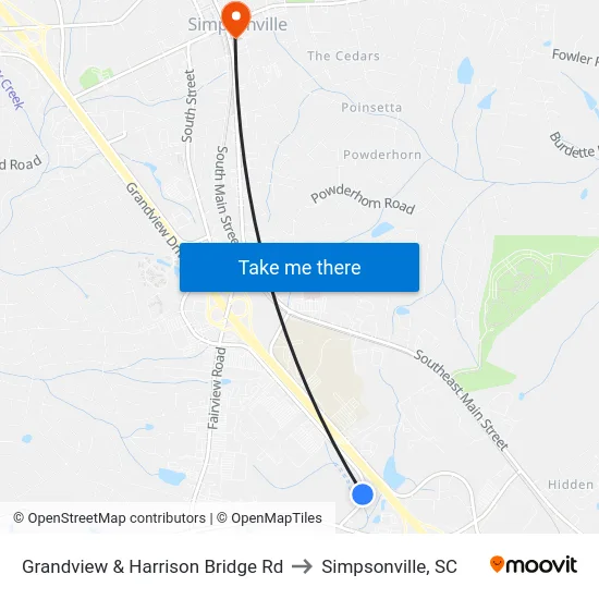 Grandview & Harrison Bridge Rd to Simpsonville, SC map