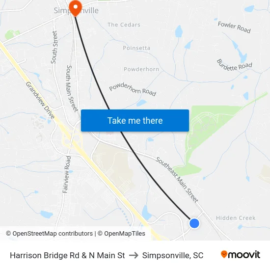 Harrison Bridge Rd & N Main St to Simpsonville, SC map