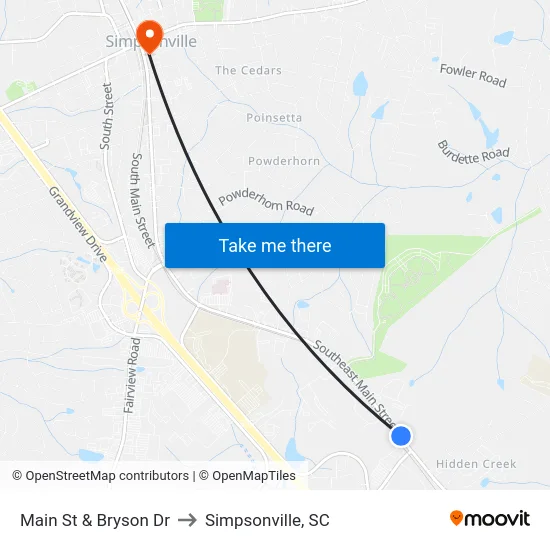 Main St & Bryson Dr to Simpsonville, SC map