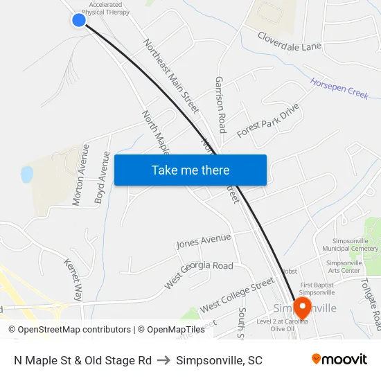 N Maple St & Old Stage Rd to Simpsonville, SC map