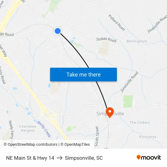 NE Main St & Hwy 14 to Simpsonville, SC map