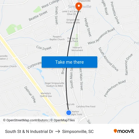 South St & N Industrial Dr to Simpsonville, SC map