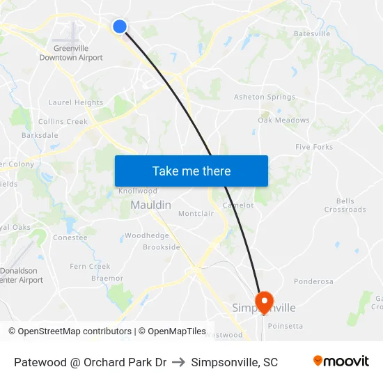 Patewood @ Orchard Park Dr to Simpsonville, SC map
