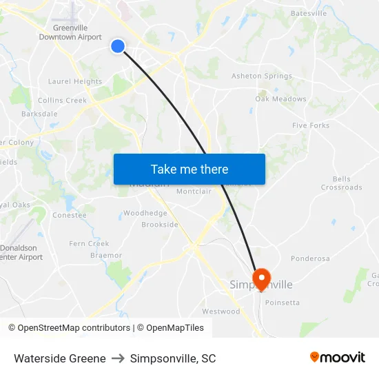 Waterside Greene to Simpsonville, SC map