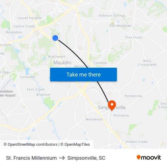 St. Francis Millennium to Simpsonville, SC map