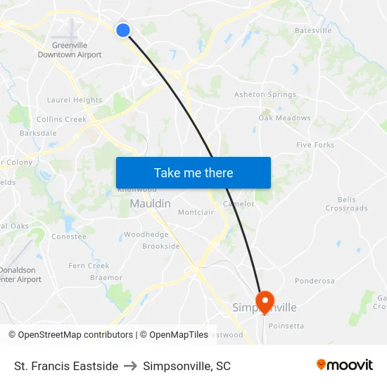 St. Francis Eastside to Simpsonville, SC map