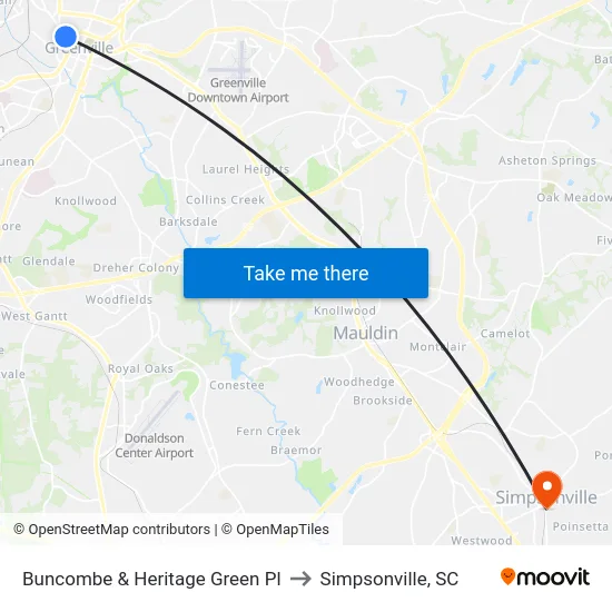 Buncombe & Heritage Green Pl to Simpsonville, SC map