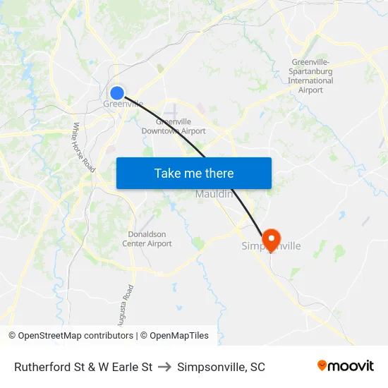 Rutherford St & W Earle St to Simpsonville, SC map