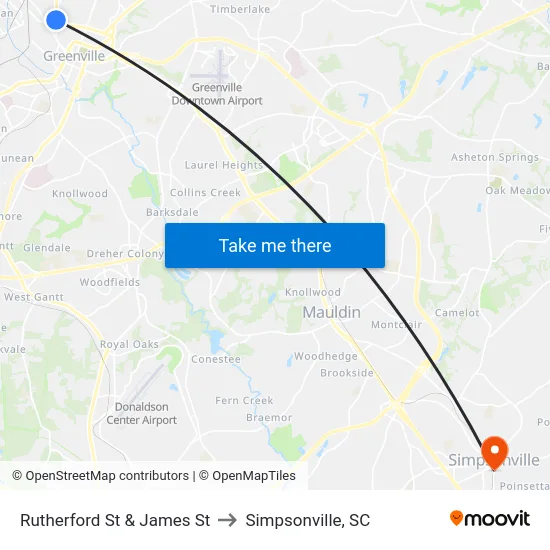 Rutherford St & James St to Simpsonville, SC map