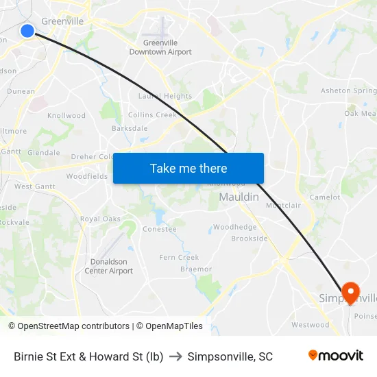 Birnie St Ext & Howard St (Ib) to Simpsonville, SC map