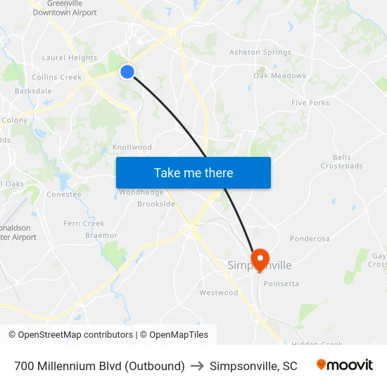 700 Millennium Blvd (Outbound) to Simpsonville, SC map