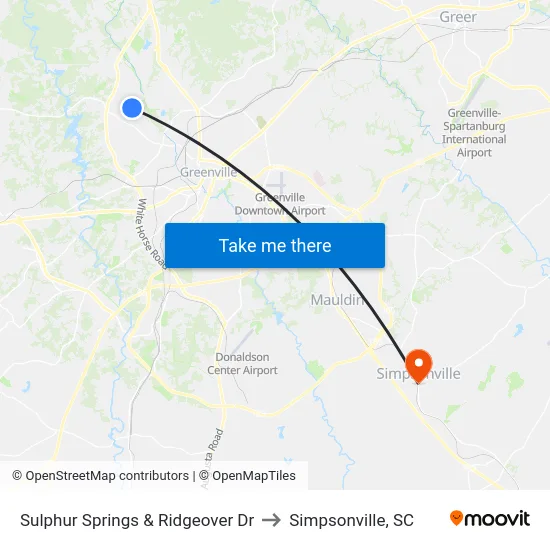 Sulphur Springs & Ridgeover Dr to Simpsonville, SC map