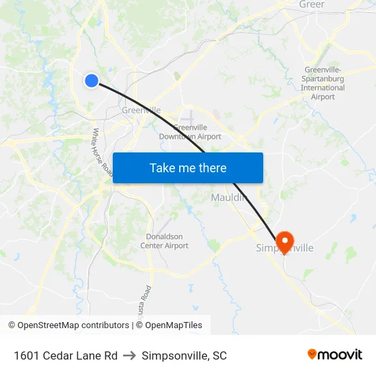 1601 Cedar Lane Rd to Simpsonville, SC map