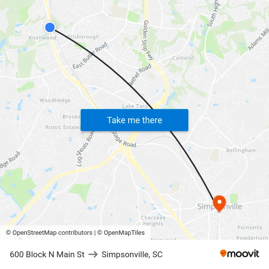 600 Block N Main St to Simpsonville, SC map