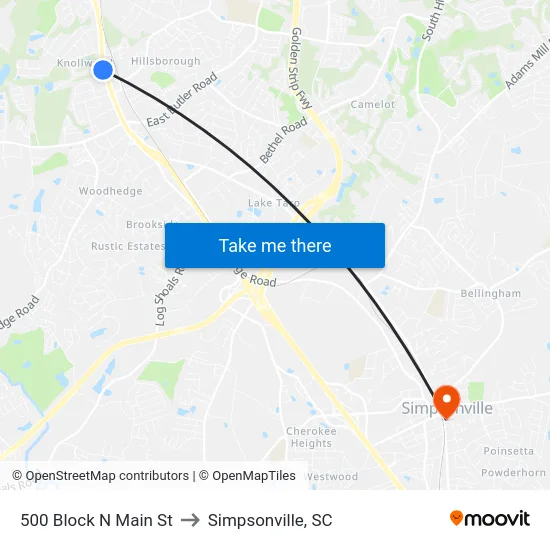 500 Block N Main St to Simpsonville, SC map