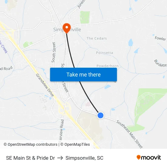 SE Main St & Pride Dr to Simpsonville, SC map