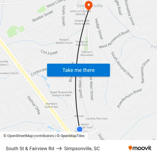 South St & Fairview Rd to Simpsonville, SC map