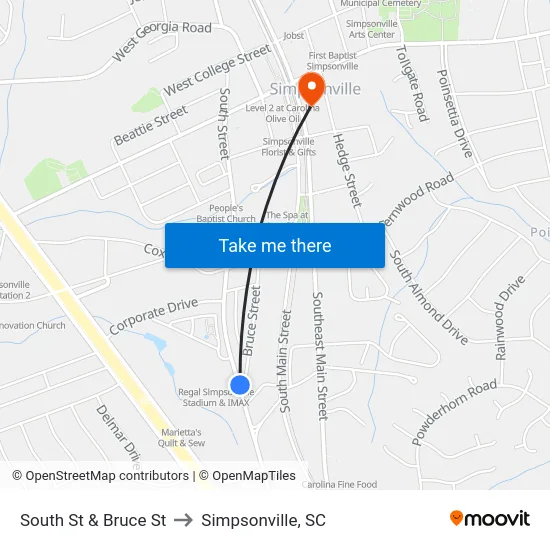 South St & Bruce St to Simpsonville, SC map