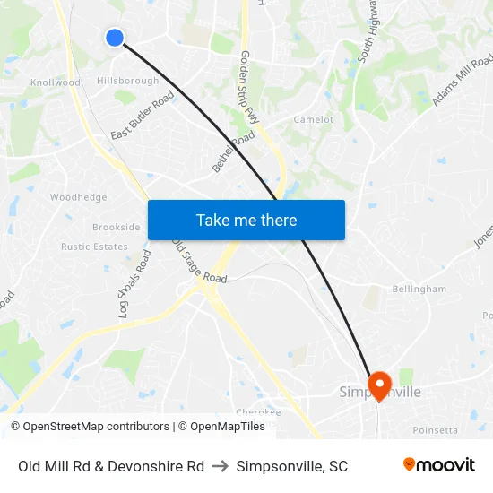 Old Mill Rd & Devonshire Rd to Simpsonville, SC map