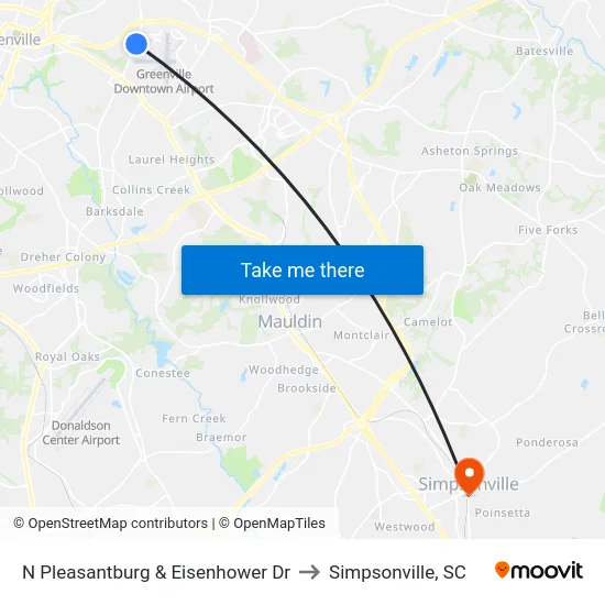 N Pleasantburg & Eisenhower Dr to Simpsonville, SC map