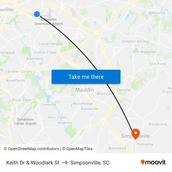 Keith Dr & Woodlark St to Simpsonville, SC map